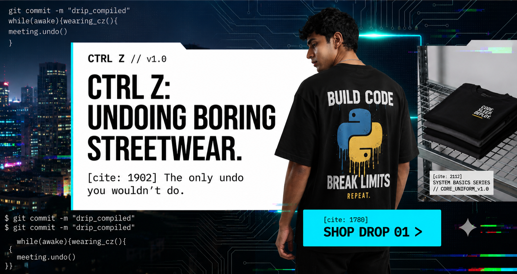 Person wearing a t-shirt with a Python logo and text, standing in front of a digital interface with text and graphics.