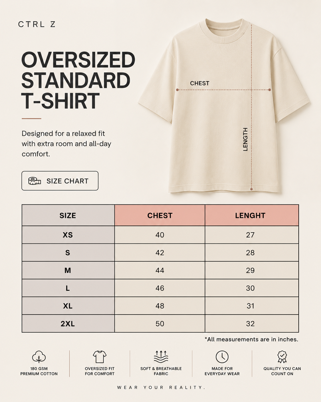 An oversized standard T-shirt size chart and measurement guide. The top half shows a light beige T-shirt with measurement lines labeled chest and length, alongside text describing the relaxed fit.